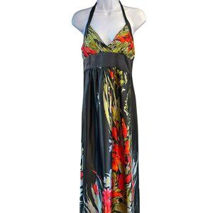 Vintage Y2K Black Red Floral Satin Halter Top Maxi Dress Romantic Goth Summer